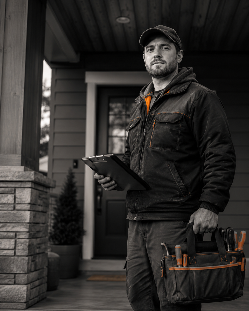 Contractor standing in front of a finished house exterior